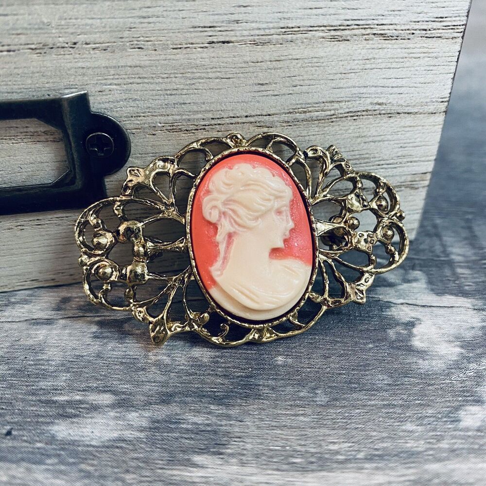 Vintage Victorian Style Gold Tone and Resin Cameo Brooch.